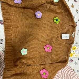 Easel Brown Sweater with Colorful Floral Accents